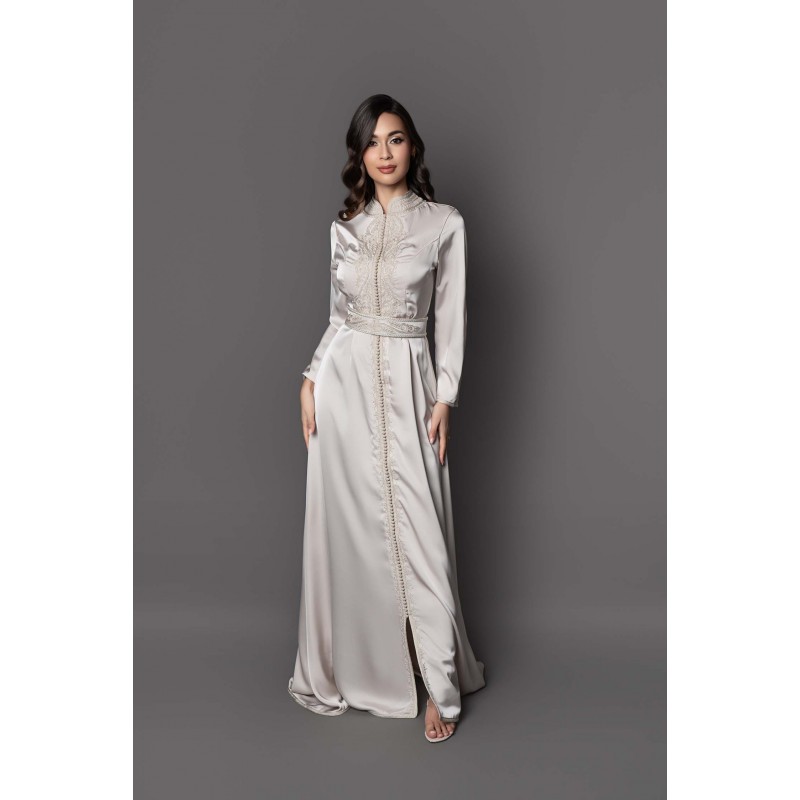 Marokkanischer Kaftan 2023 in Seide, Beige, Nude für Hochzeit, Verlobung