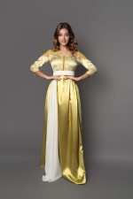 Caftan marocain de cérémonie brodé main dentelle ivoire vert amande - Caftan Nawel