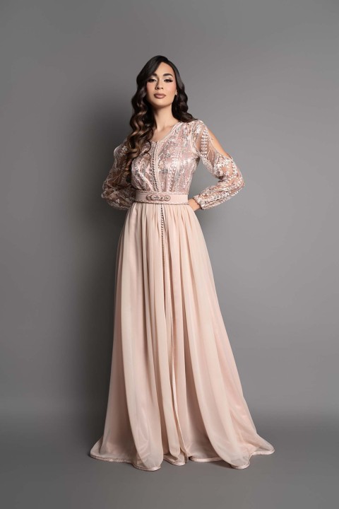 Takchita marocaine rose ivoire argenté - Caftan Zahra - vente en ligne Bordeaux