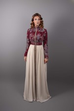 Acheter caftan marocain mariage dentelle bordeaux bleu ciel - Caftan Yakouta