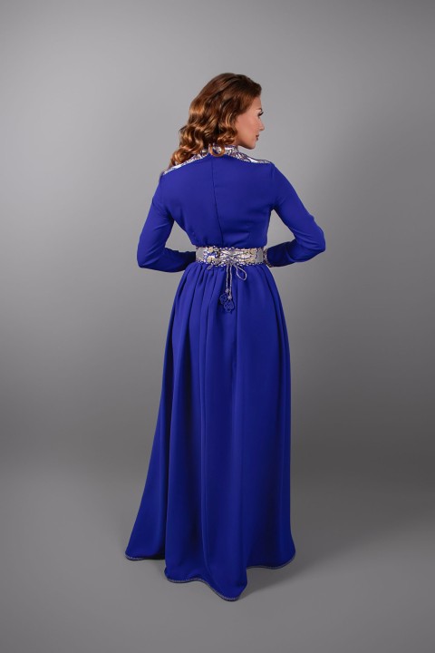 Caftano Topazio - Caftano marocchino in crepe blu reale - Inserto broccato - Pantaloni Aladino