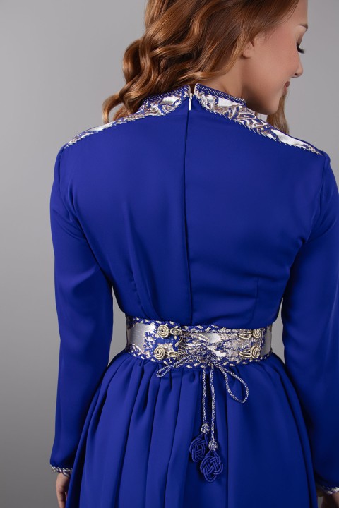 Topaz Caftan - Royal Blue Moroccan Caftan in Crepe - Brocade Panel - Aladdin Pants.