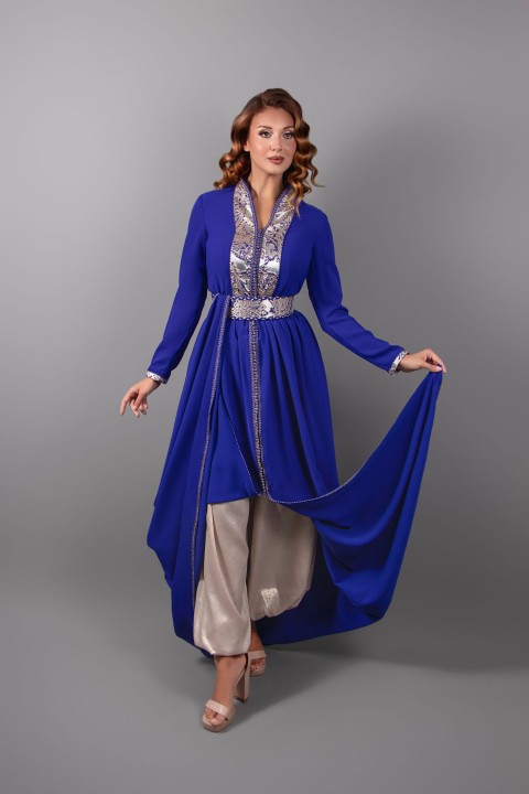 Caftano Topazio - Caftano marocchino in crepe blu reale - Inserto broccato - Pantaloni Aladino
