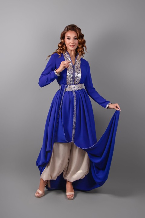 Caftano Topazio - Caftano marocchino in crepe blu reale - Inserto broccato - Pantaloni Aladino