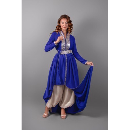 Caftán Topacio - Caftán marroquí en crepé azul real - Panel de brocado - Pantalones Aladino