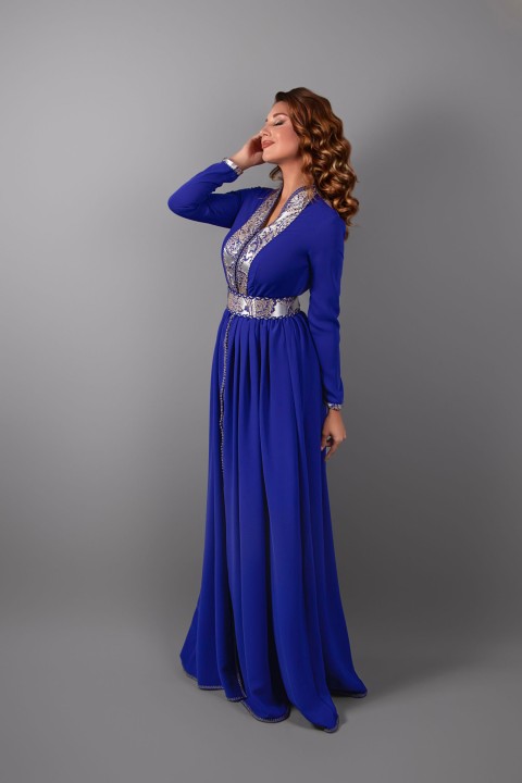Topaz Kaftan - Kraliyet Mavisi Fas Krep Marakeş Kaftan - Brokar Detay - Aladdin Pantolon