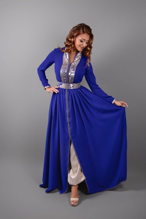 Caftano Topazio - Caftano marocchino in crepe blu reale - Inserto broccato - Pantaloni Aladino