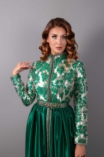 Caftan Khouloud col montant brocart vert doré - caftan marocain de mariée à commander en ligne