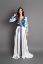 Acheter caftan marocain de soirée satin soie bleu - Caftan Yusra