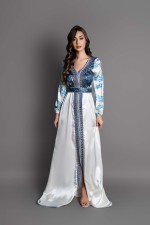 Caftan Yusra - caftan marocain de mariée satin soie bleu