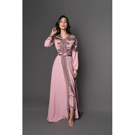Caftan marocain traditionnel avec pantalon brodé, modèle été 2023