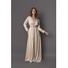 Caftan Sunlight B : caftan en drap de soie beige avec broderies rose, vert