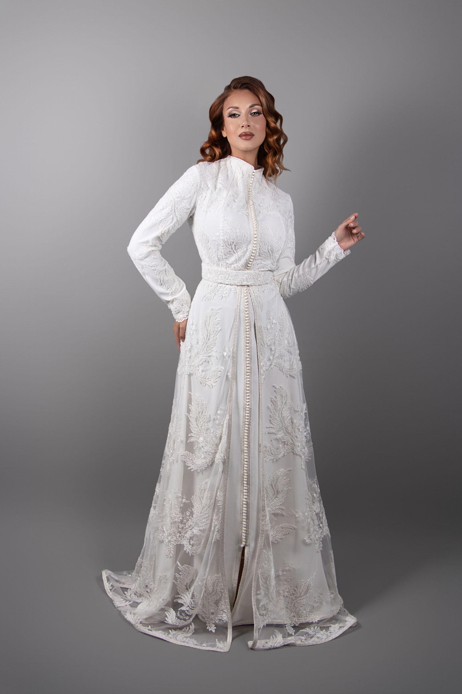 Ivory Elegance: Lace Caftan with High Collar and Matching Belt