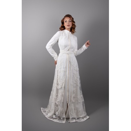 Ivory Elegance: Lace Caftan with High Collar and Matching Belt