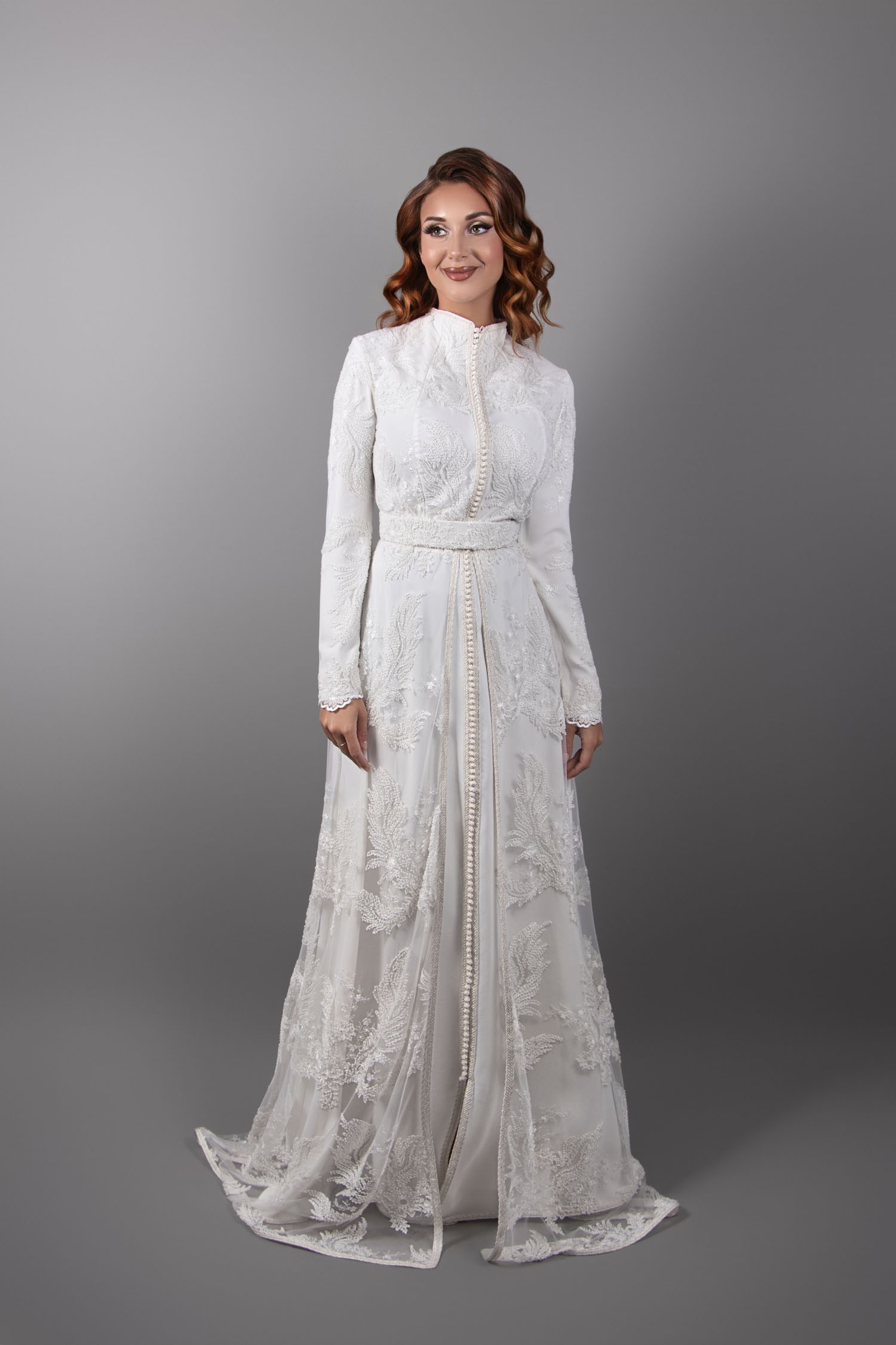 Ivory Elegance: Lace Caftan with High Collar and Matching Belt