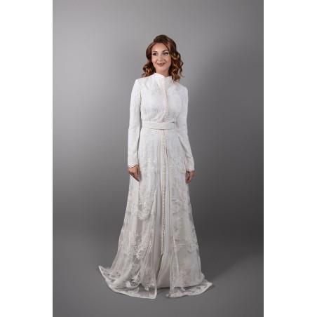 Ivory Elegance: Lace Caftan with High Collar and Matching Belt