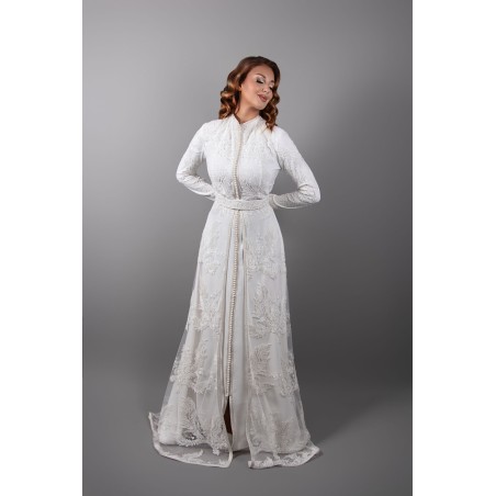 Ivory Elegance: Lace Caftan with High Collar and Matching Belt