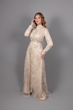 Acheter caftan marocain de soirée col montant dentelle beige - Caftan Nashwa Luxe