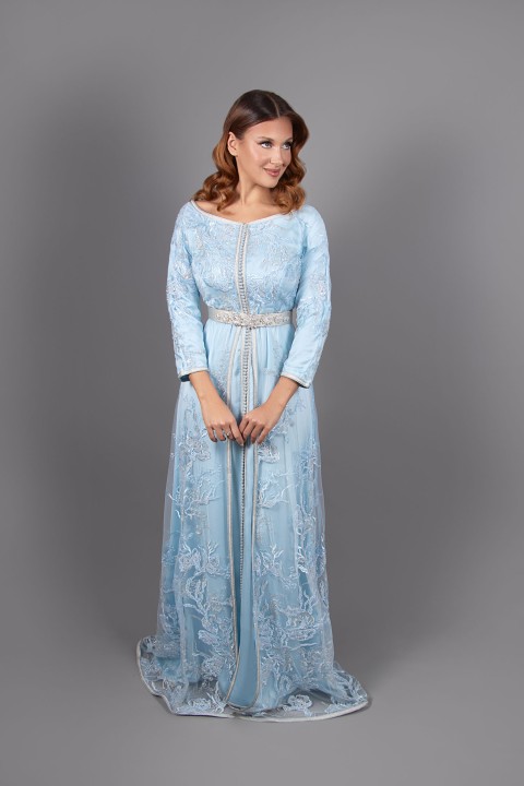 Acheter takchita marocaine col bateau dentelle bleu ciel à Lille - Caftan Samia