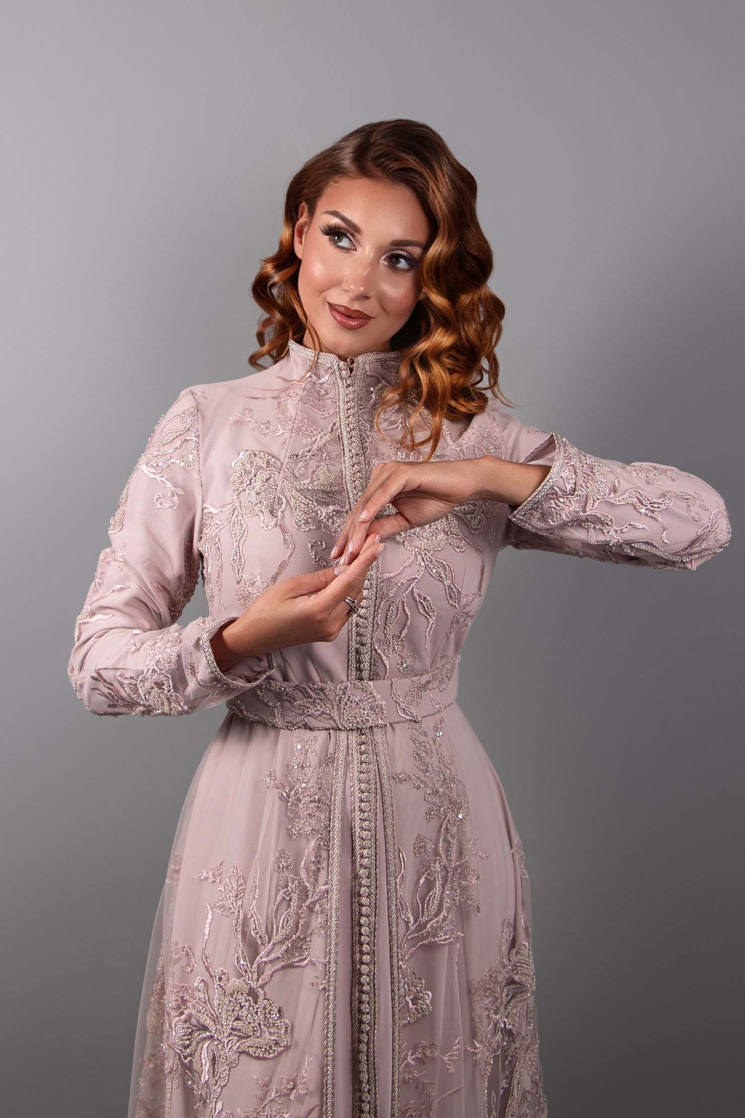 Silver Radiance: Light Pink Lace Caftan