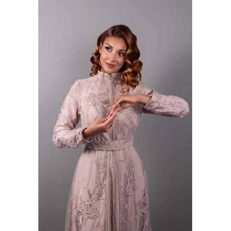 Silver Radiance: Light Pink Lace Caftan