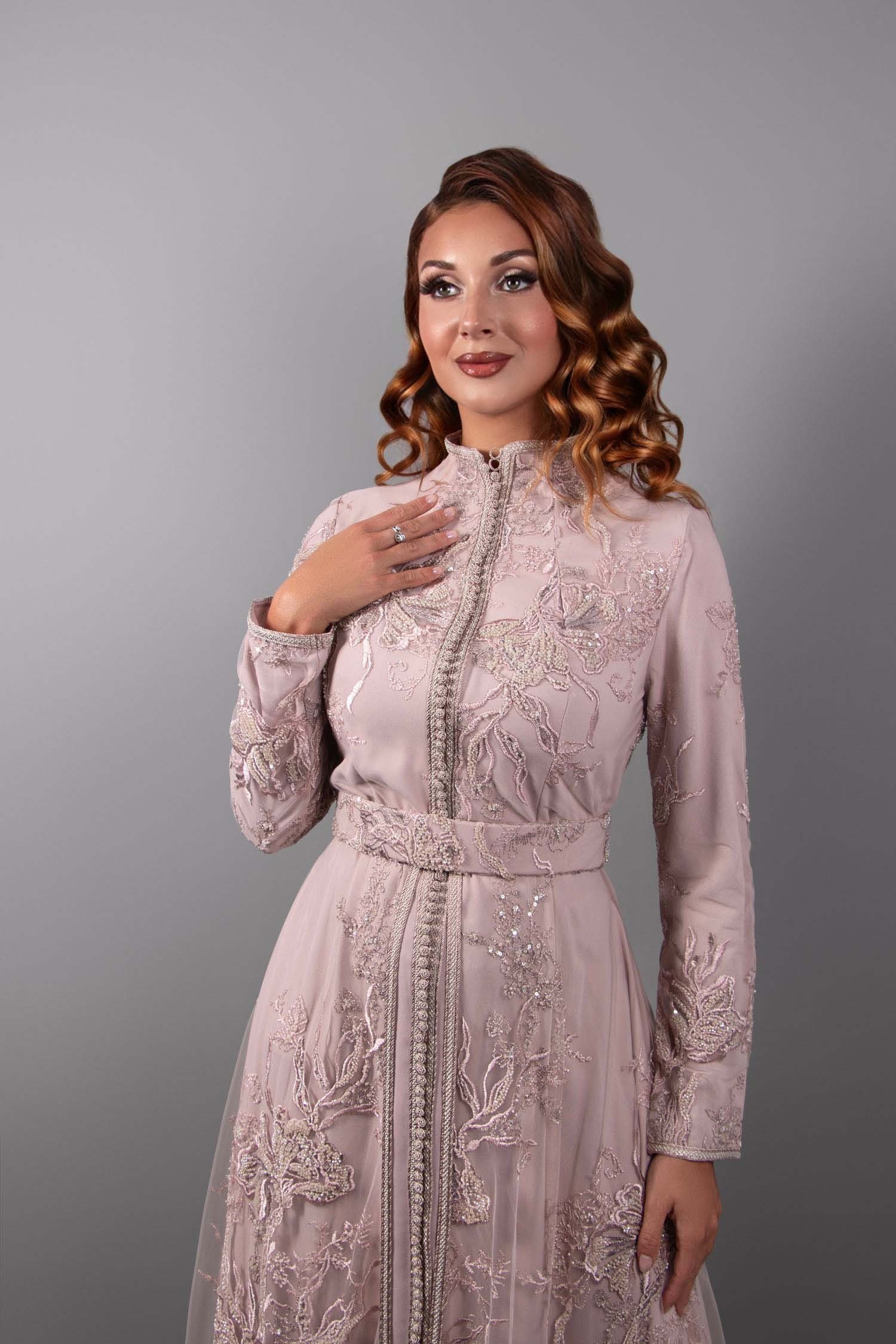 Silver Radiance: Light Pink Lace Caftan