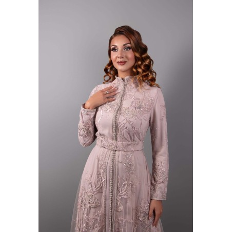 Silver Radiance: Light Pink Lace Caftan