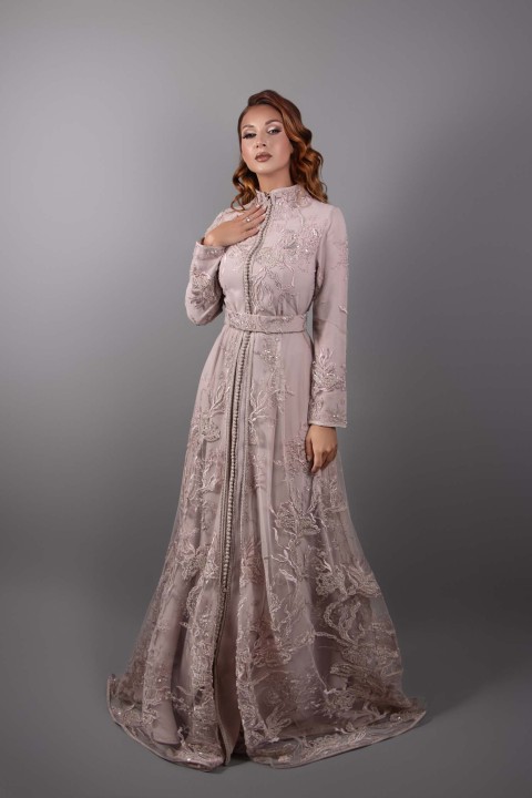 Acheter takchita marocaine dentelle col montant vieux rose à Bordeaux - Caftan Ghalia