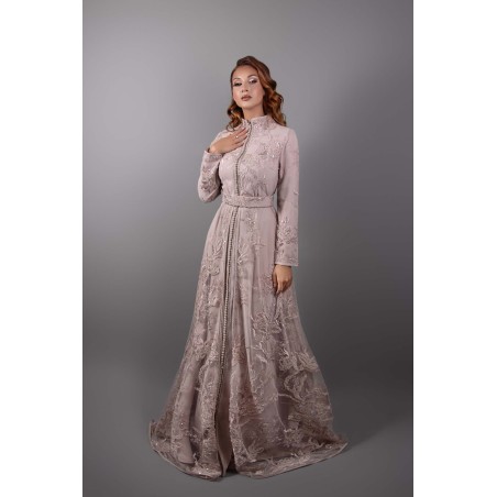 Silver Radiance: Light Pink Lace Caftan