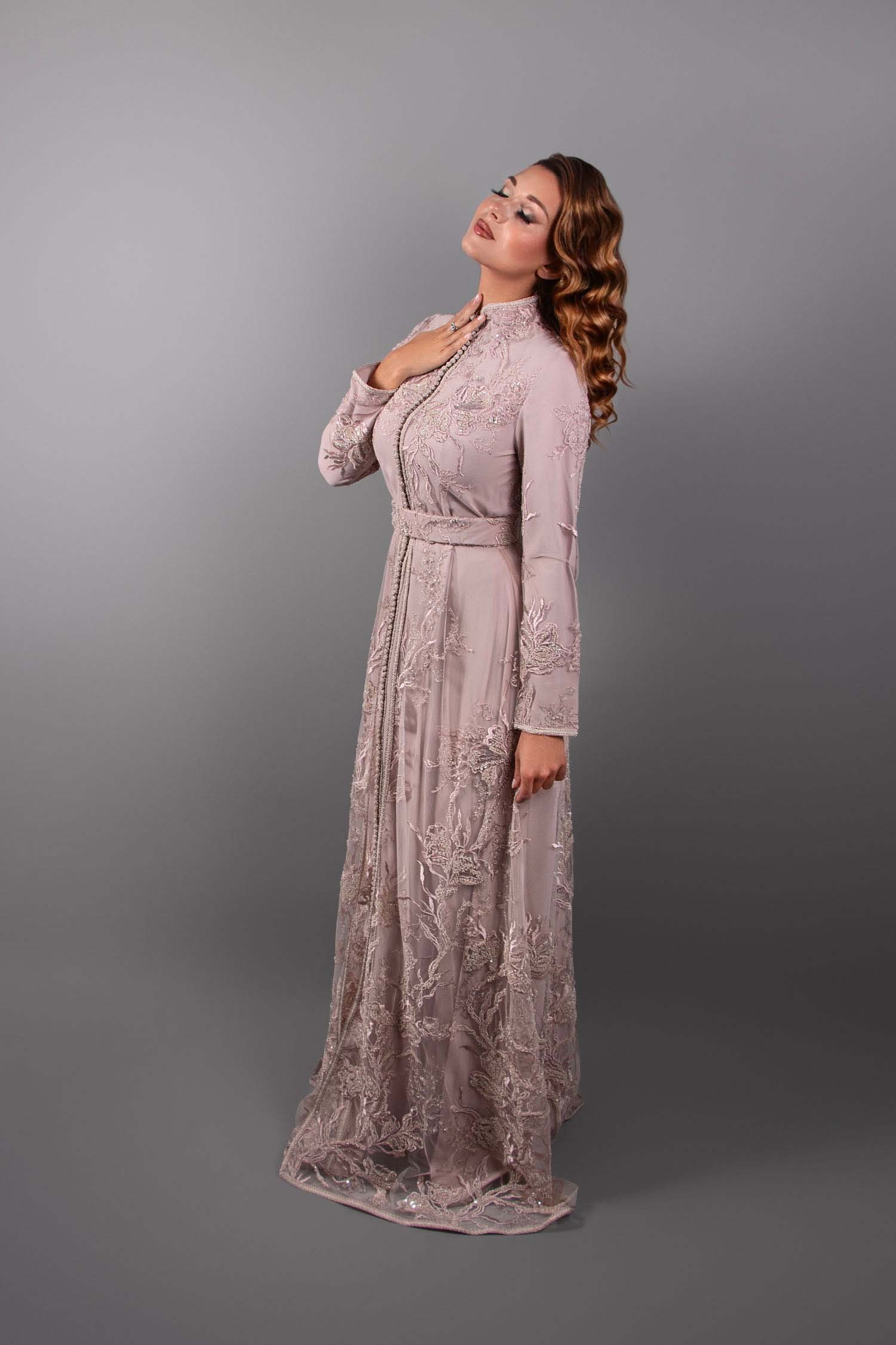 Silver Radiance: Light Pink Lace Caftan