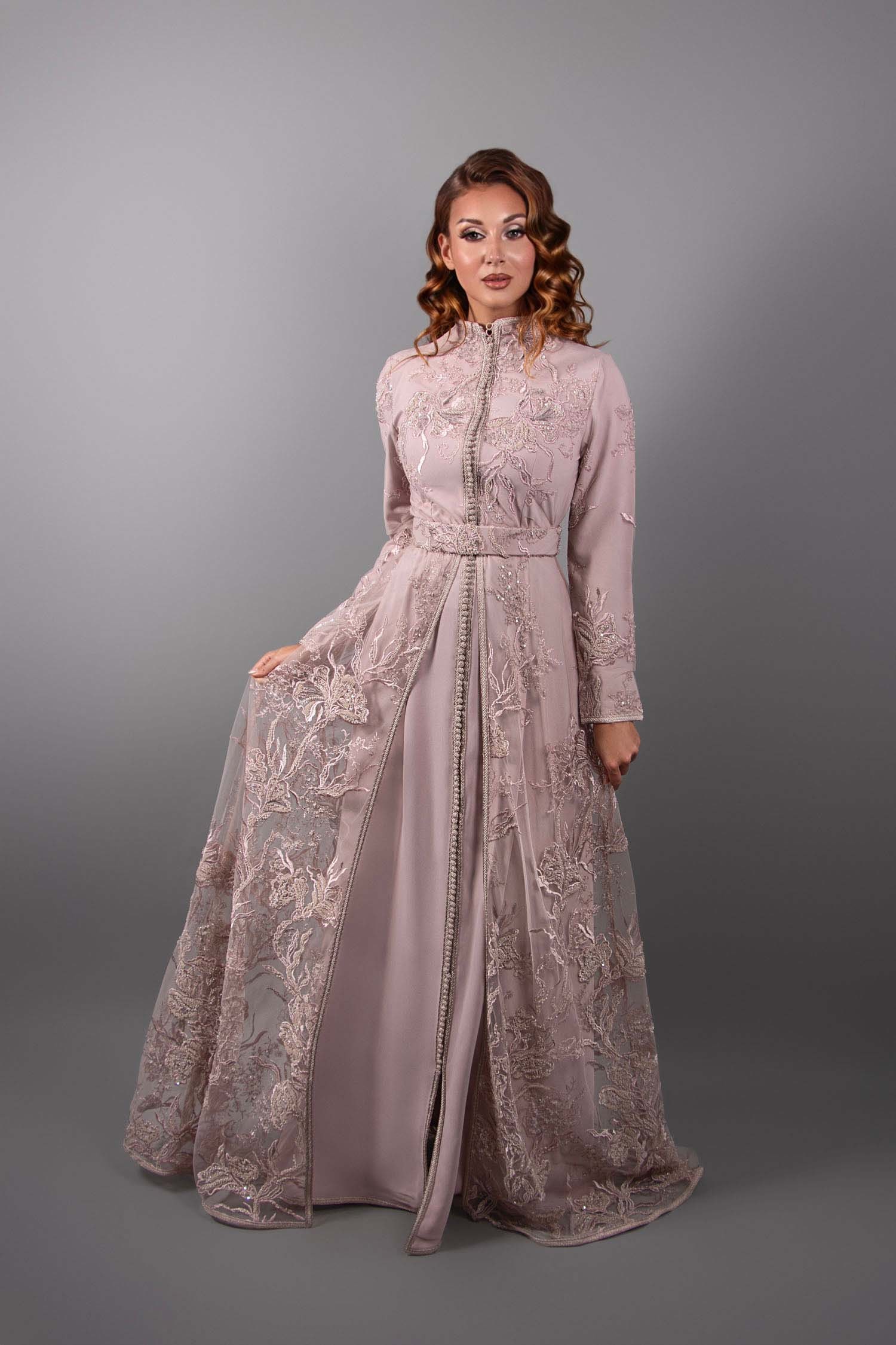 Silver Radiance: Light Pink Lace Caftan