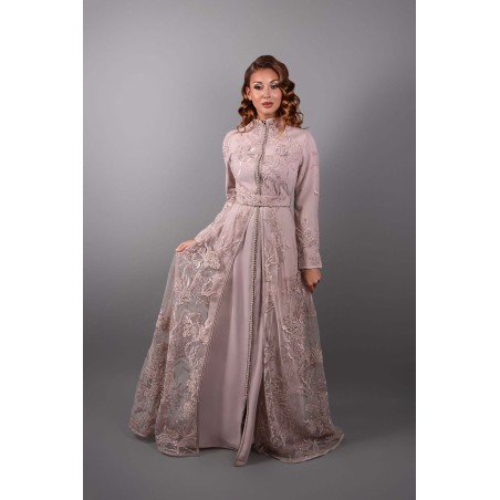 Silver Radiance: Light Pink Lace Caftan