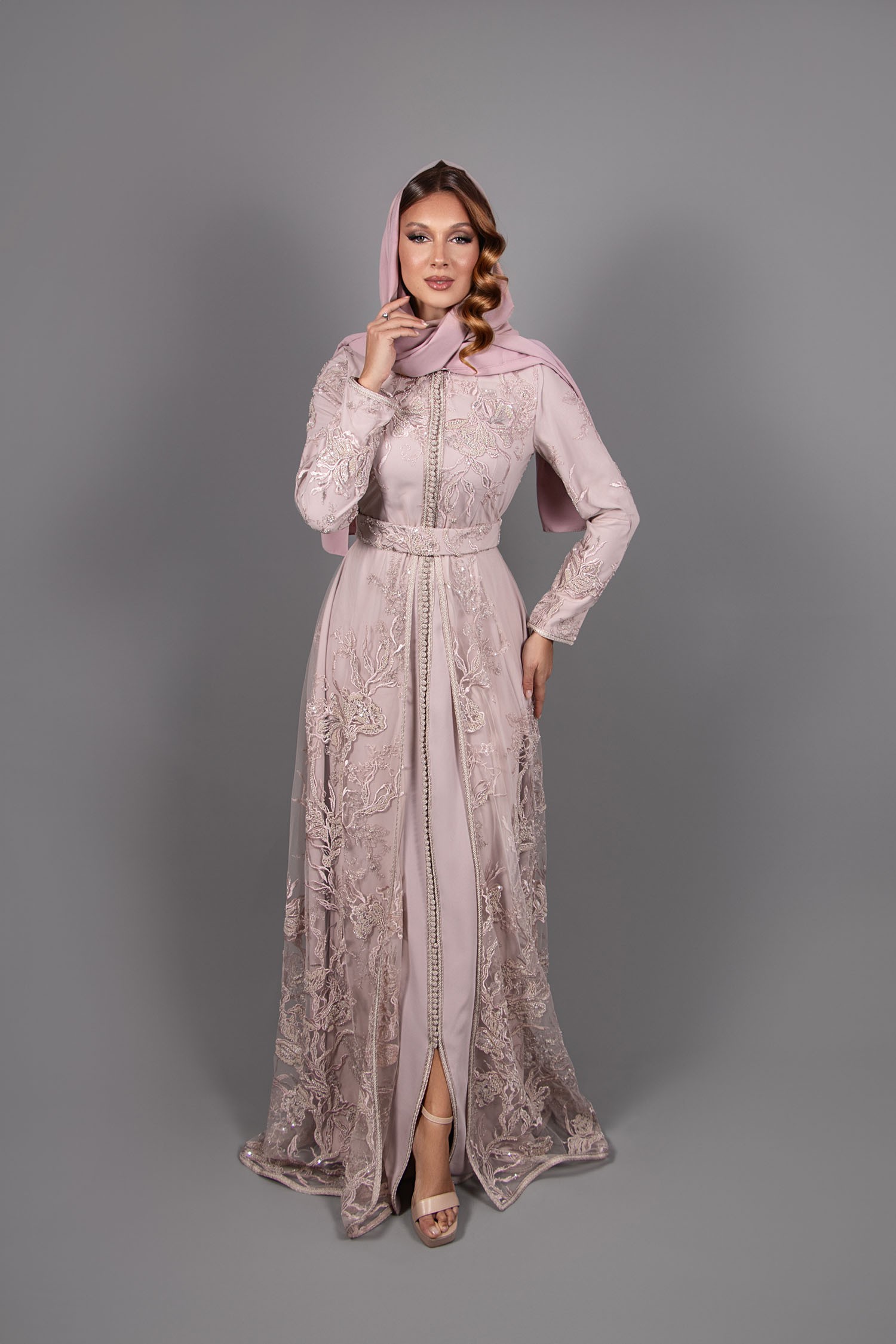 Silver Radiance: Light Pink Lace Caftan
