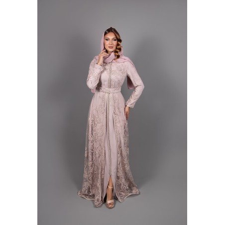 Silver Radiance: Light Pink Lace Caftan