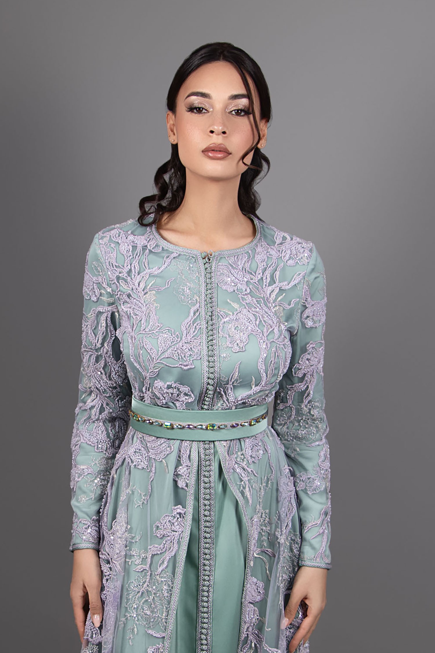Traditional Caftan in Purple Lace and Green Silk