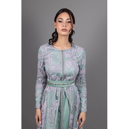 Traditional Caftan in Purple Lace and Green Silk