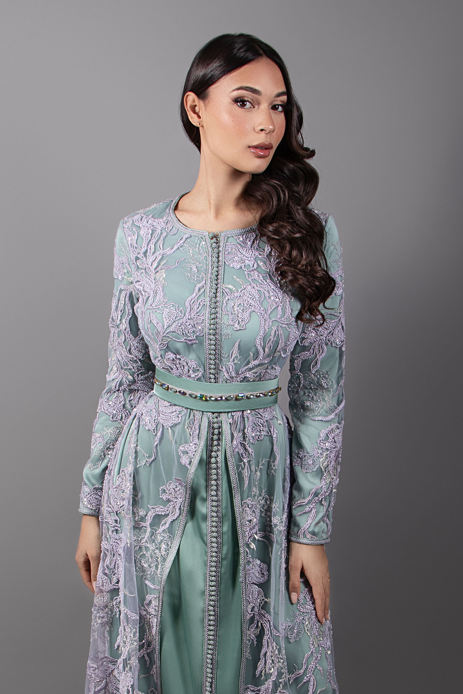 Traditional Caftan in Purple Lace and Green Silk