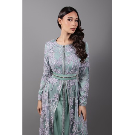 Traditional Caftan in Purple Lace and Green Silk