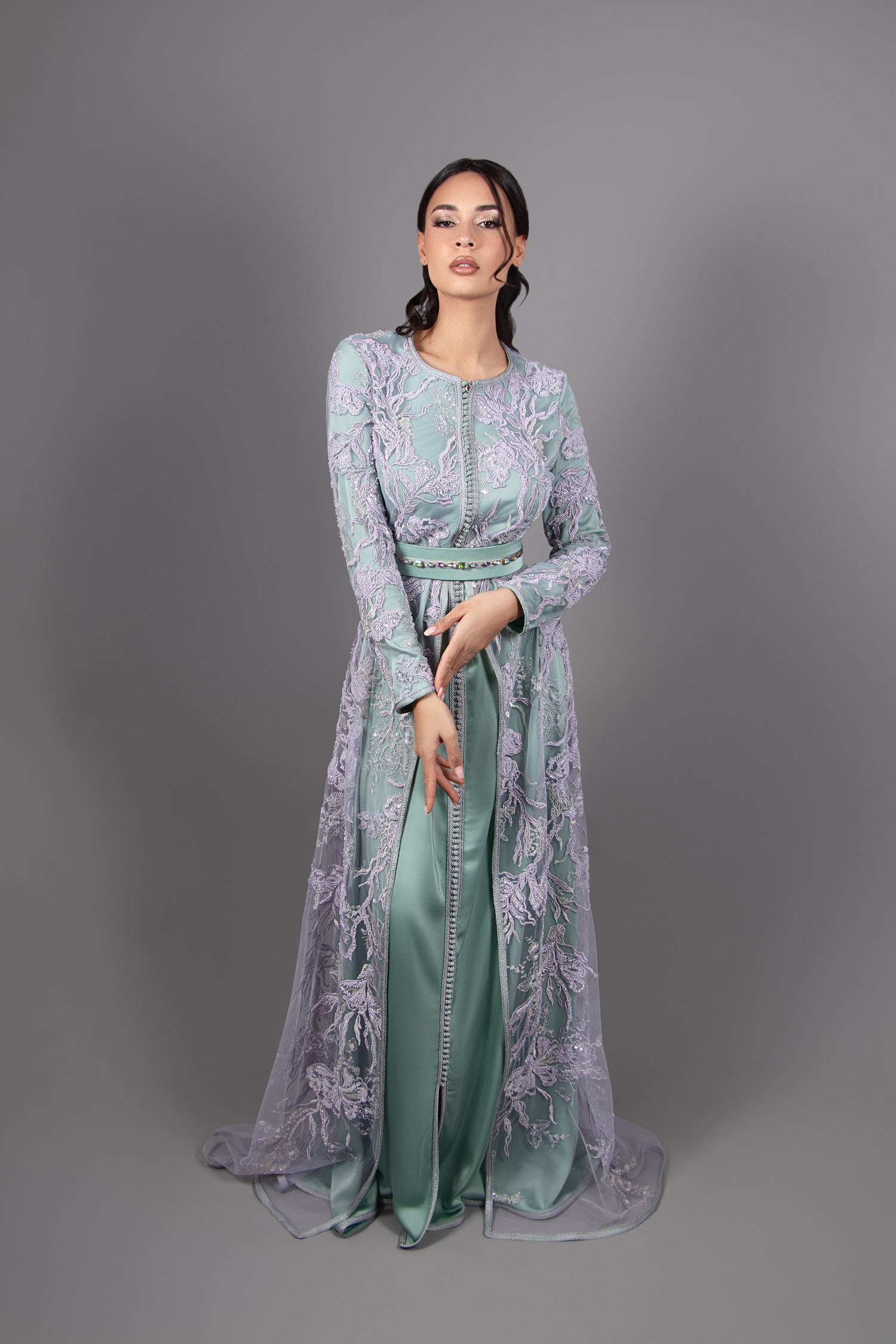 Traditional Caftan in Purple Lace and Green Silk