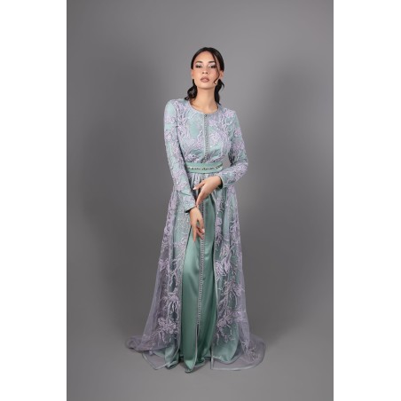 Traditional Caftan in Purple Lace and Green Silk