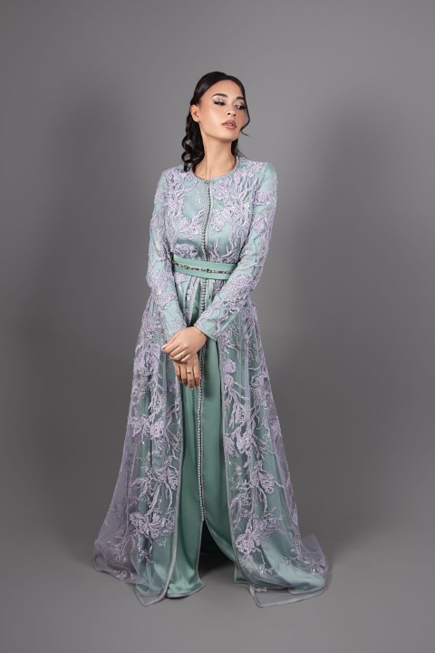Acheter takchita marocaine mariage traditionnel mauve vert - Caftan Habiba
