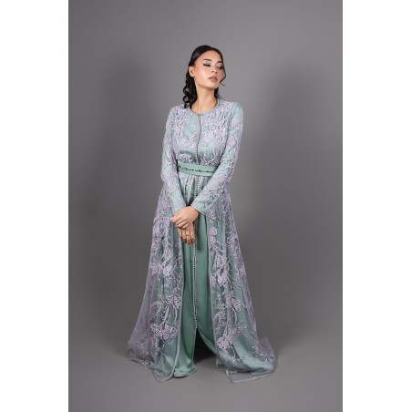 Traditional Caftan in Purple Lace and Green Silk
