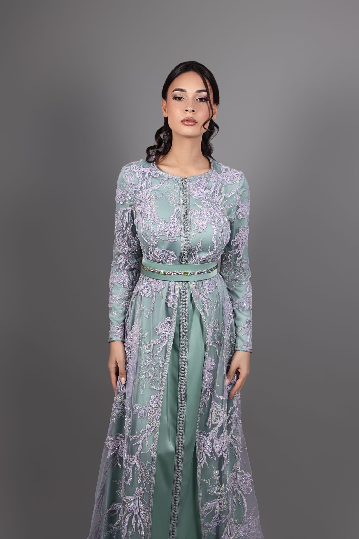 Traditional Caftan in Purple Lace and Green Silk