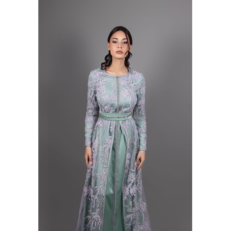 Traditional Caftan in Purple Lace and Green Silk