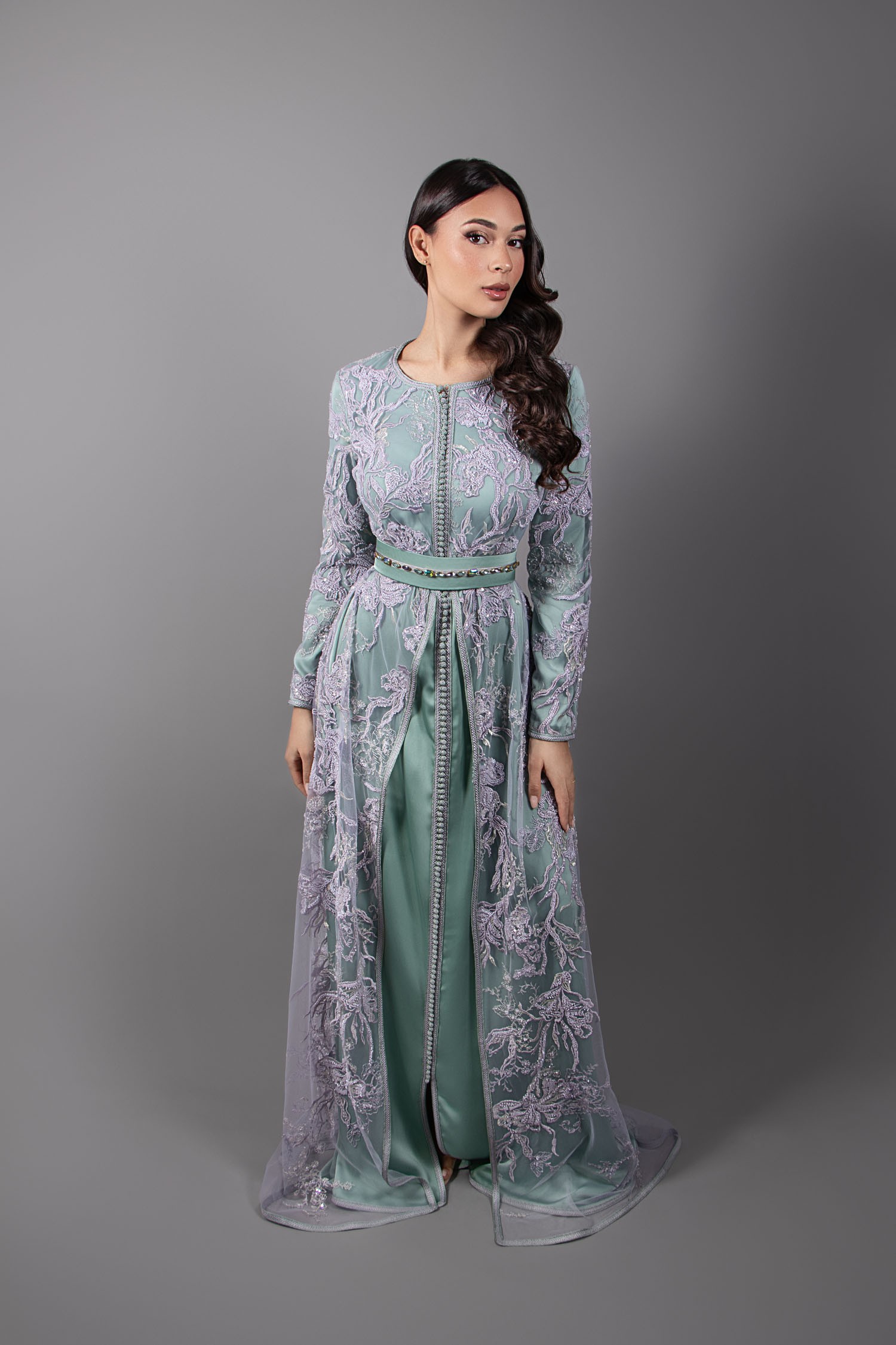 Traditional Caftan in Purple Lace and Green Silk