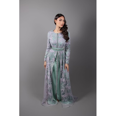 Traditional Caftan in Purple Lace and Green Silk