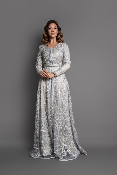 Takchita marocaine moderne dentelle argenté gris - Caftan Fadila sur mesure