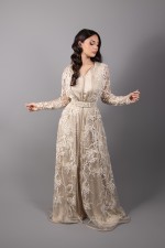 Acheter caftan marocain mariage traditionnel dentelle soie beige - Caftan Batoul