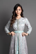Acheter takchita marocaine traditionnel dentelle vert à Lille - Caftan Loubna