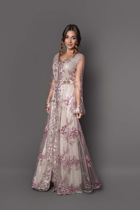 Acheter takchita marocaine mariage deux pièces dentelle mauve - Caftan Mouna